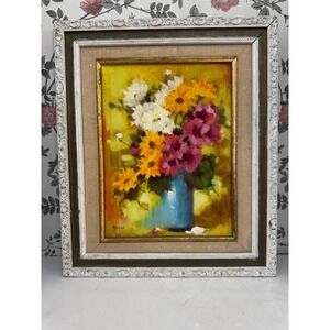 Vintage Floral Oil Painting Framed French Style Bouquet Wall Art Orginal Frame